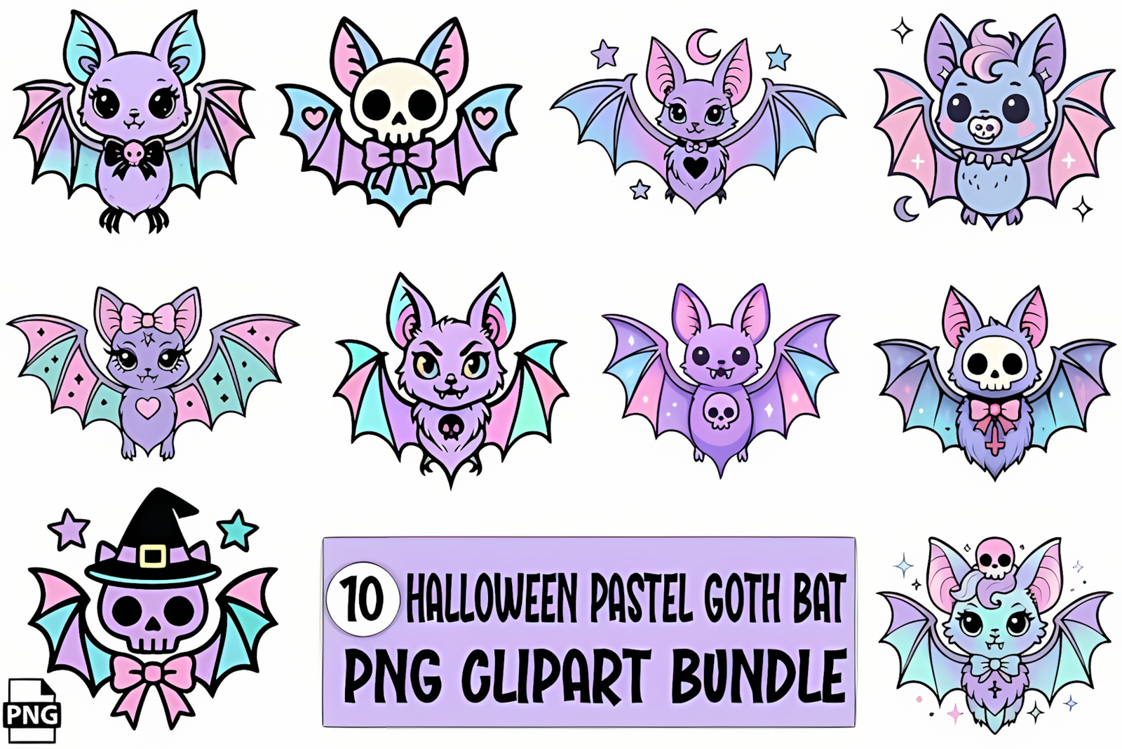 Gothic bat clipart bundle in pastel goth aesthetic for halloween