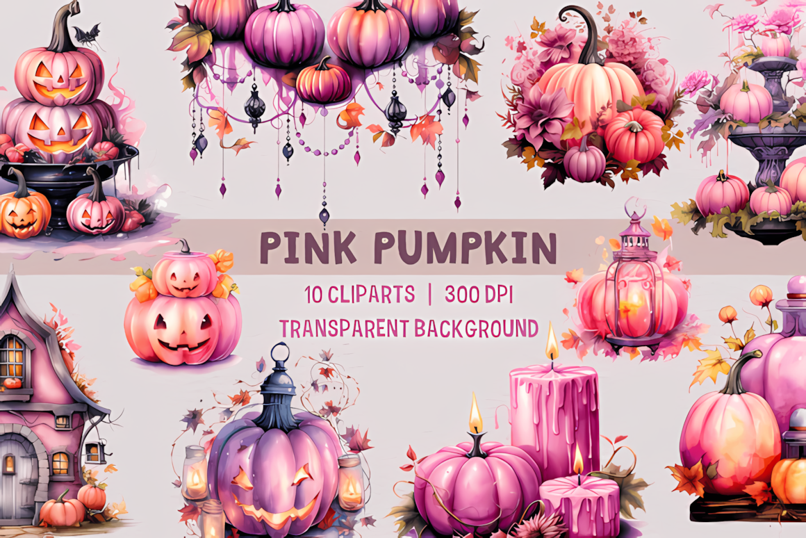 aesthetic pink halloween pumpkin watercolor set