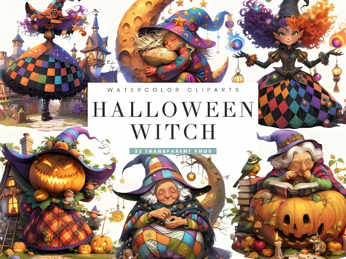 High resolution 300 DPI halloween witch clipart bundle with cute witch characters for printable crafts