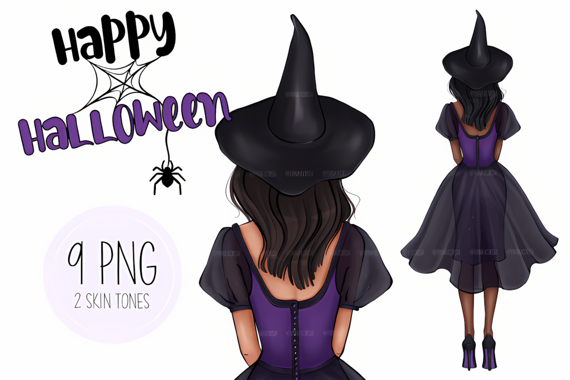 Happy halloween witch clipart illustration with cute witch character and seasonal typography