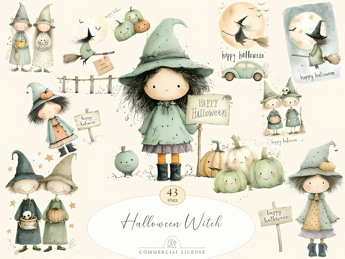 Watercolor halloween witch clipart set with cute witches, pumpkins, and broomsticks for craft designs