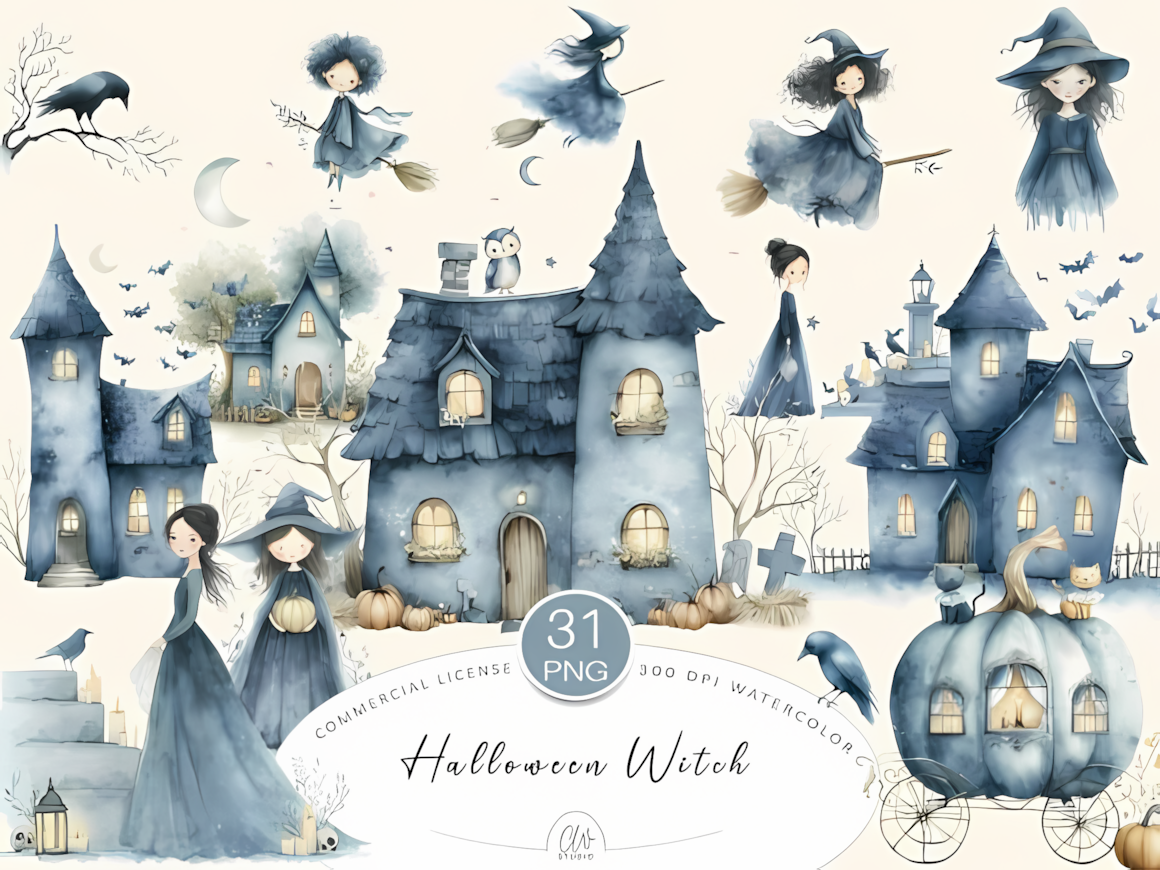 Watercolor halloween witch clipart set featuring haunted houses, bats, and enchanted potion bottles