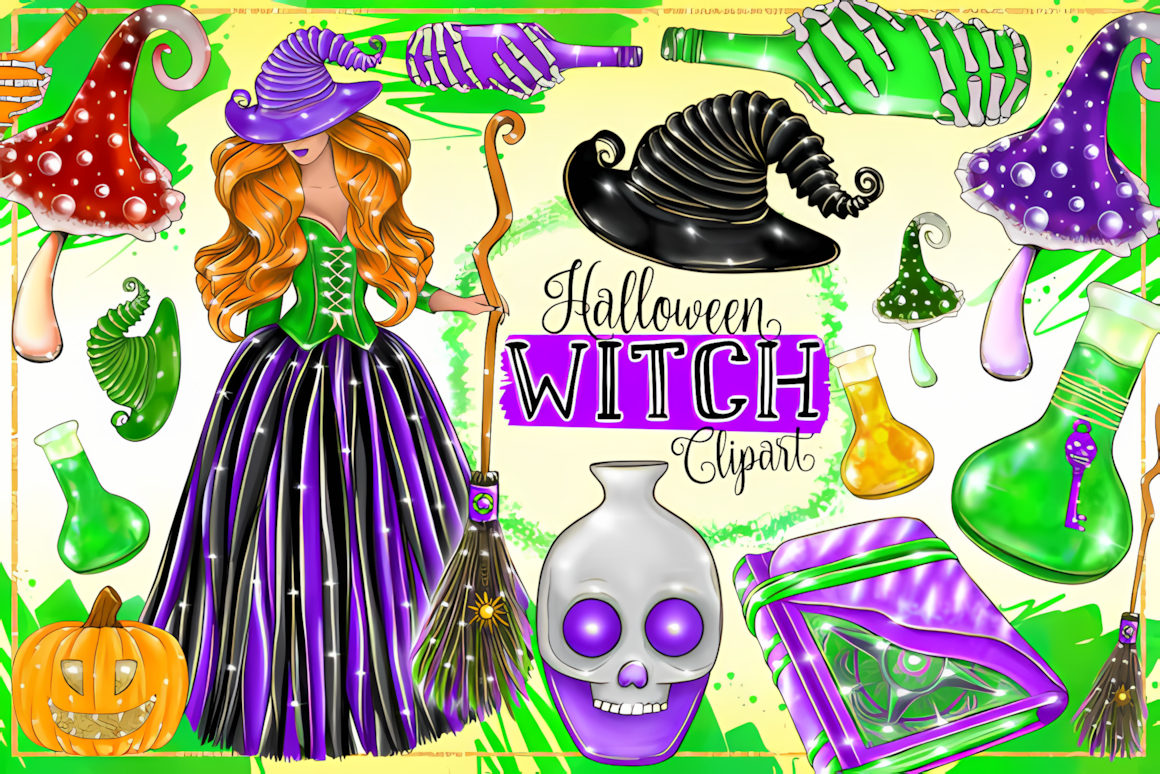 Halloween witch png clipart illustrations for planner stickers, postcards, and digital scrapbooking