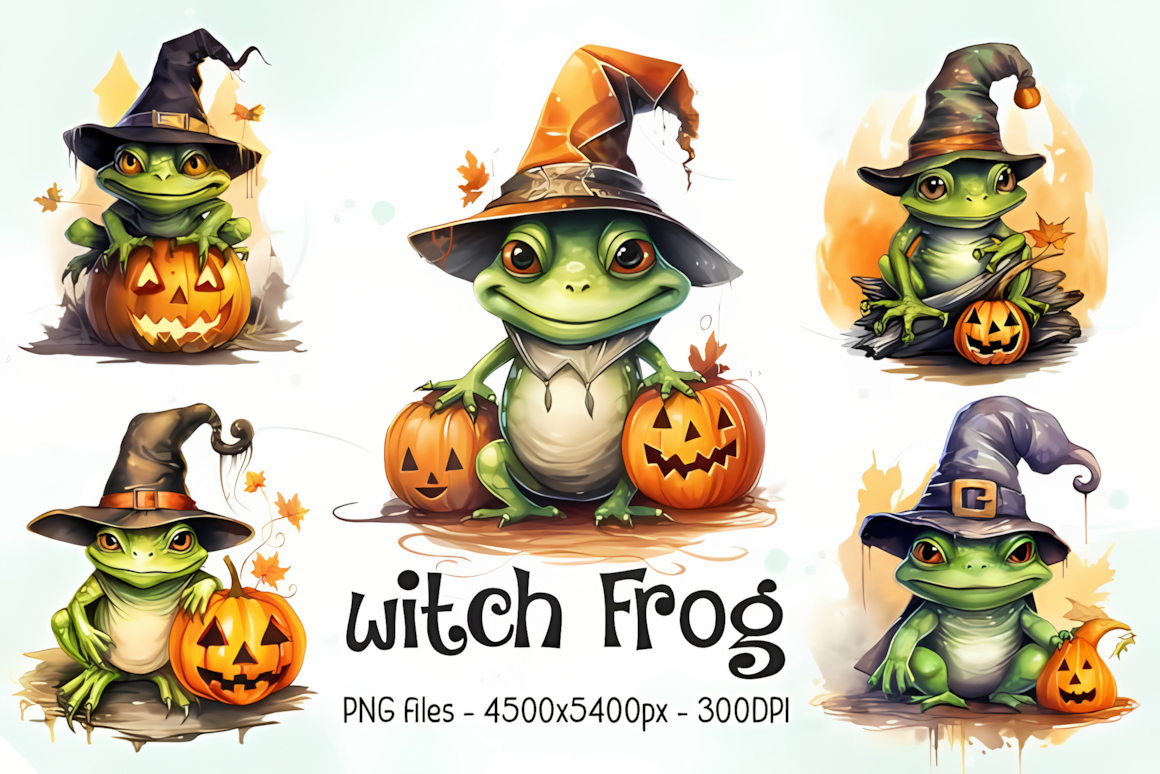 Cute watercolor halloween witch clipart featuring a magical frog for sublimation print designs