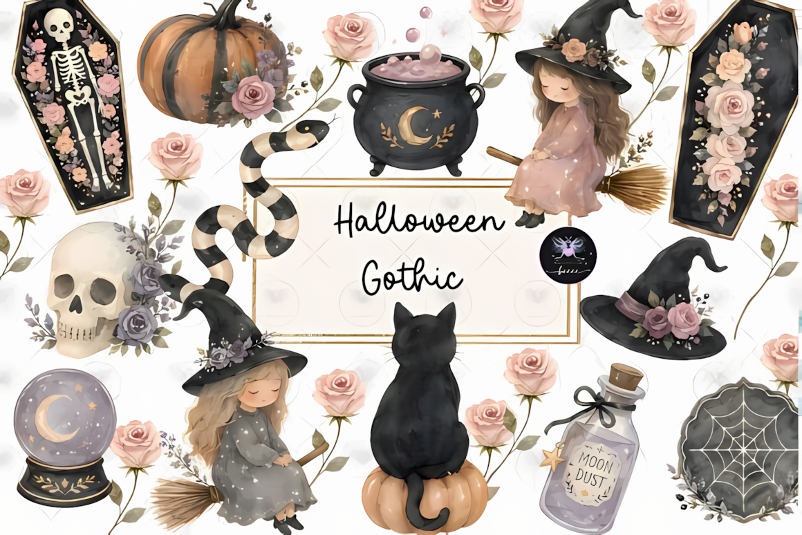 Pastel gothic watercolor halloween witch clipart set for spooky Halloween stationery and apparel