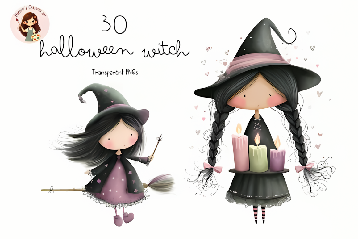 Soft pastel watercolor halloween witch clipart set with gentle color gradients for greeting cards
