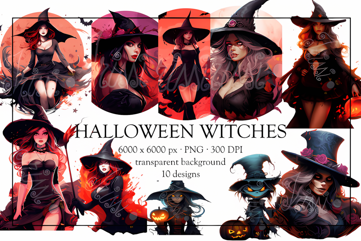 Halloween witch clipart bundle png high resolution graphics for sticker sheets and apparel design