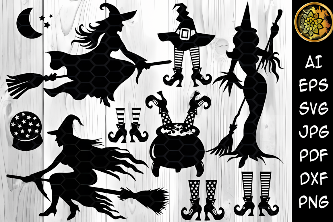 Black silhouette halloween witch clipart vector cut files for Cricut and Silhouette craft projects
