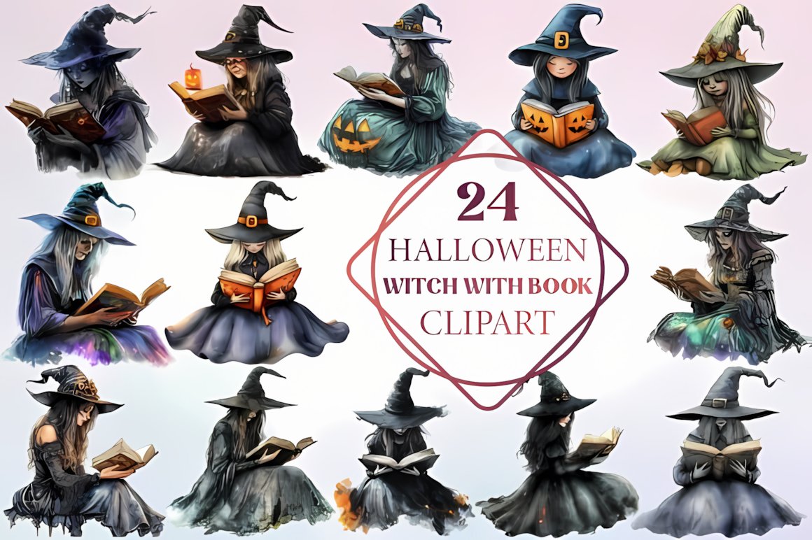 Watercolor halloween witch clipart reading a spell book for cozy autumn scrapbooking and crafts