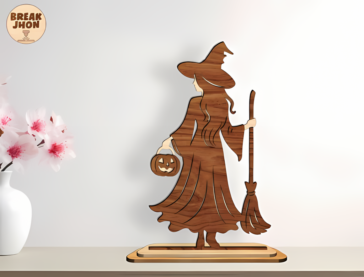 witch with pumpkin bucket halloween standing sign laser cut