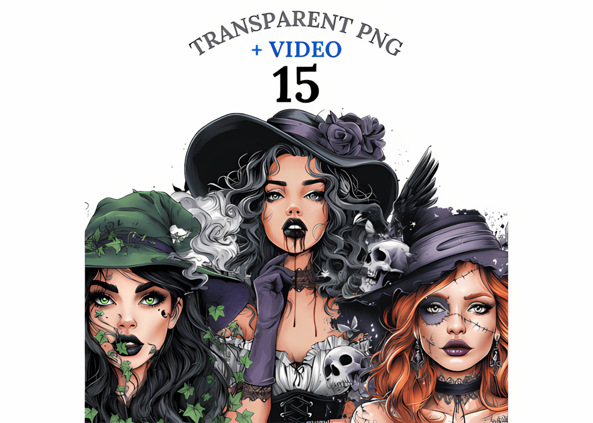 Dark gothic halloween witch woman clipart graphics for Halloween event decor and posters