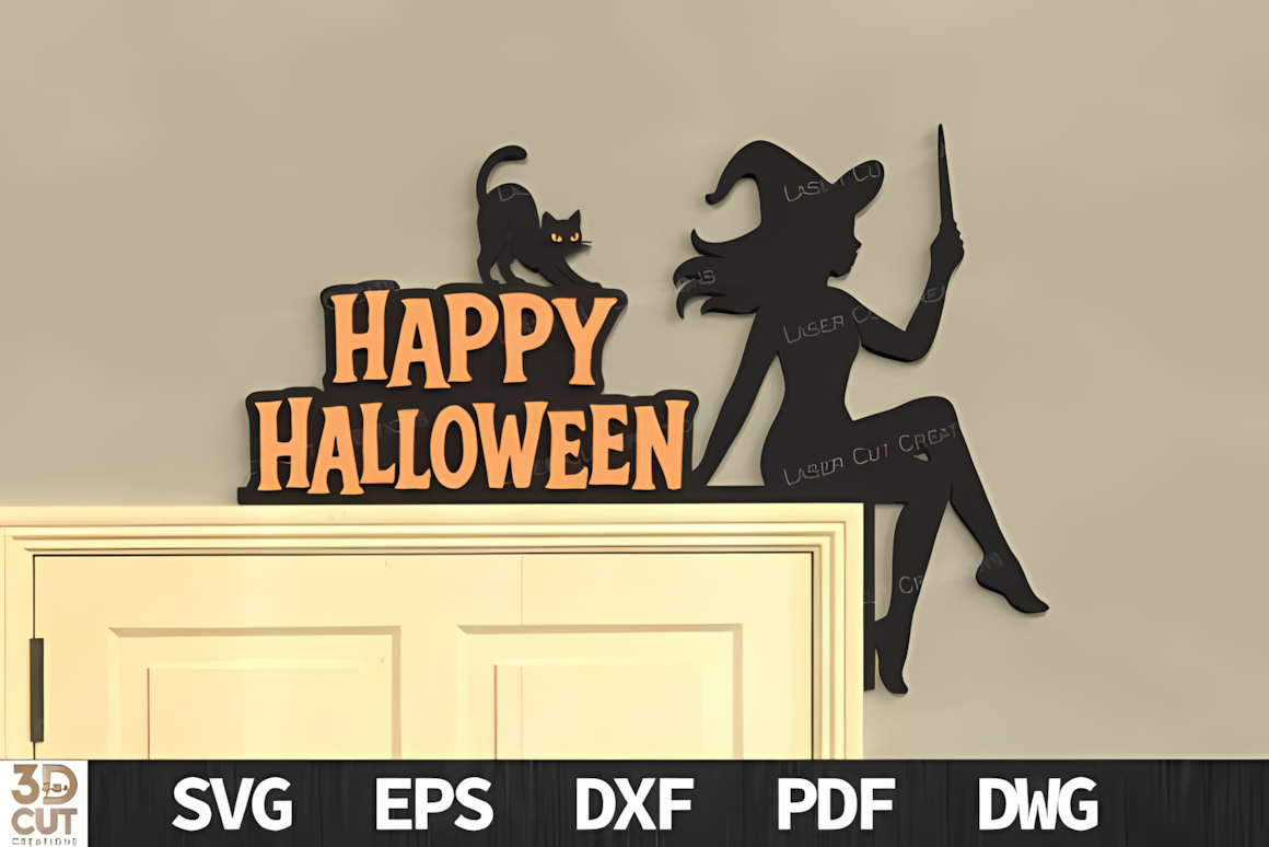happy witch riding broom door corner frame svg