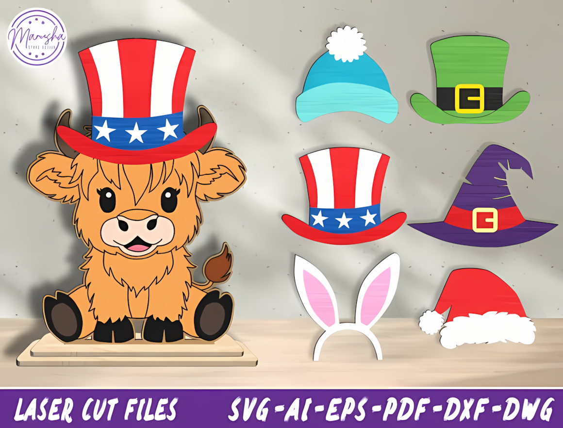 highland cow interchangeable hat halloween tabletop laser file bundle