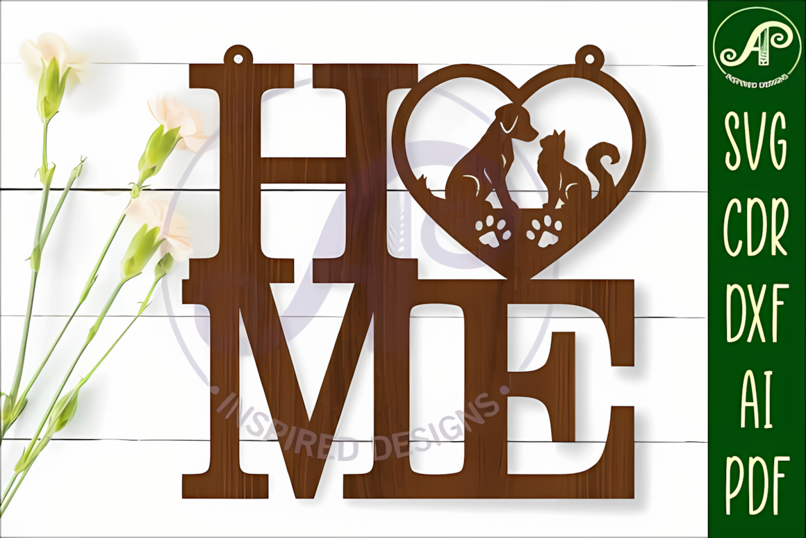 Home word wall art sign with cat and dog laser cut svg design