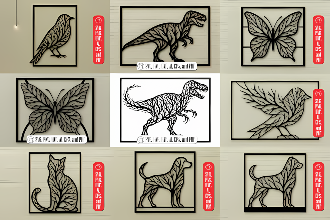 Laser cut animal tree svg bundle with dog silhouette wall art design