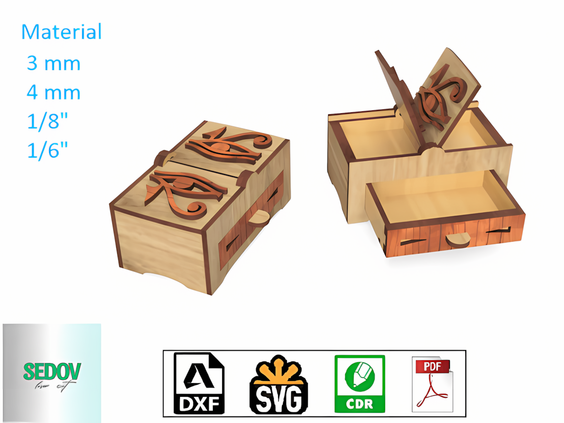 Laser cut box template svg with Ra's eyes design, dice and card storage box for board games