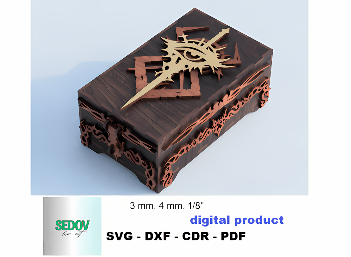 Gothic eye dice box laser cut svg file, dark fantasy wooden chest and tarot card box template