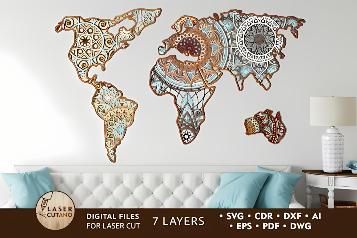 3d world map mandala laser cut file with intricate details