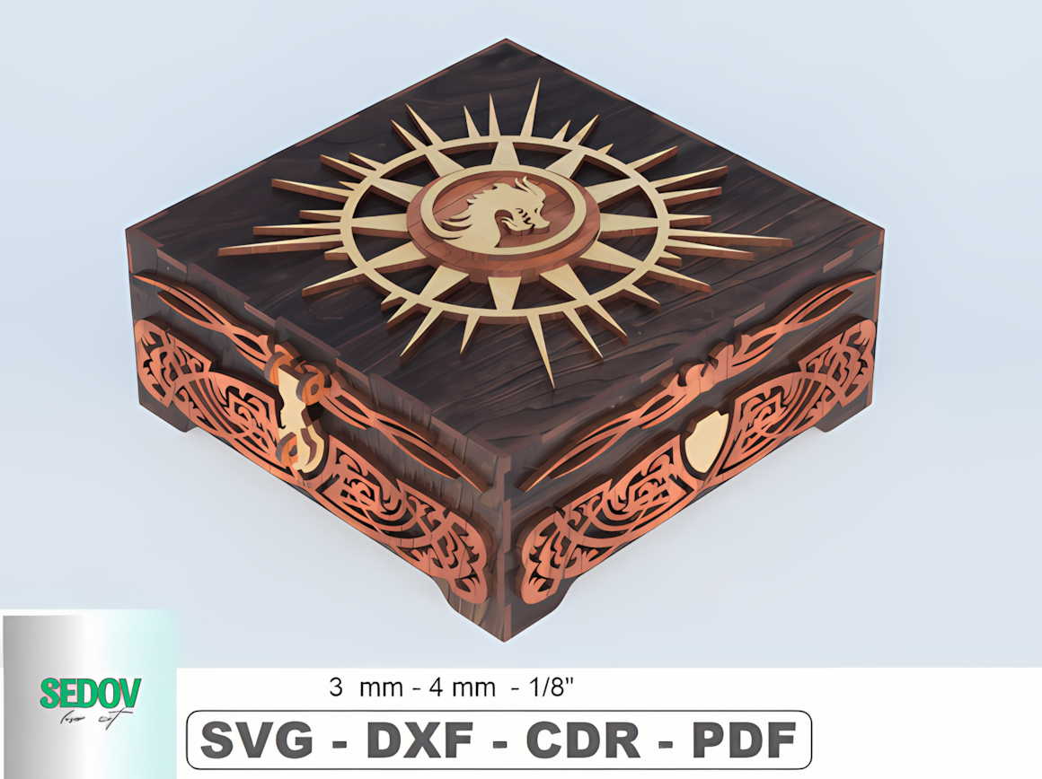 Laser cut tabletop game box svg with dragon design, dice box and jewelry organizer template