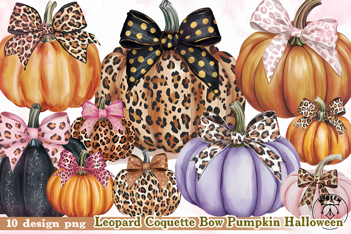 leopard print coquette bow pink halloween pumpkin clipart