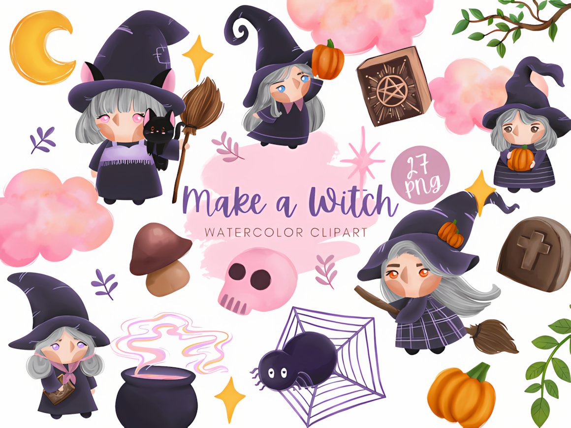 Make a witch watercolor halloween witch clipart bundle with kawaii characters and spooky accessories