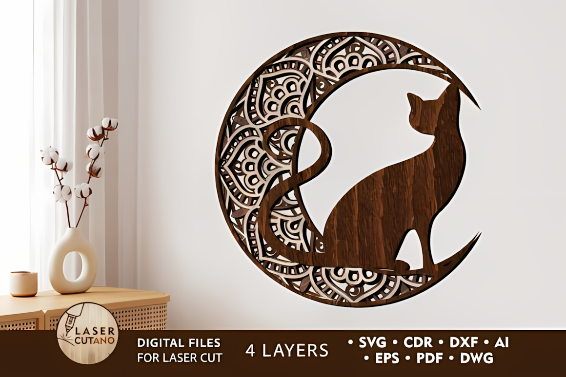 crescent moon and cat mandala wall art 3d laser cut file