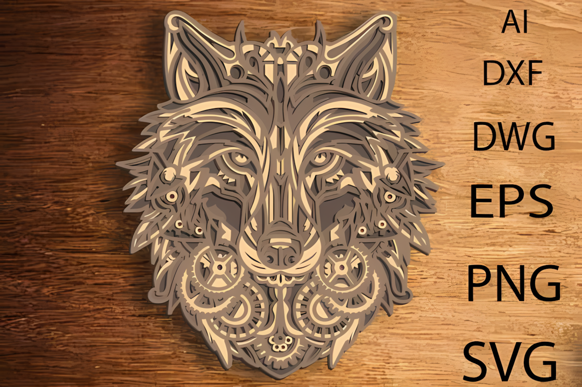 Mechanic wolf-dog multilayer laser cut svg wall art design for home decor