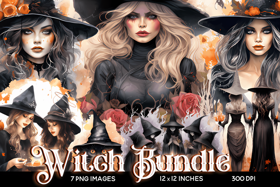 Mini halloween witch clipart bundle featuring cute witches and a black cat for holiday crafts