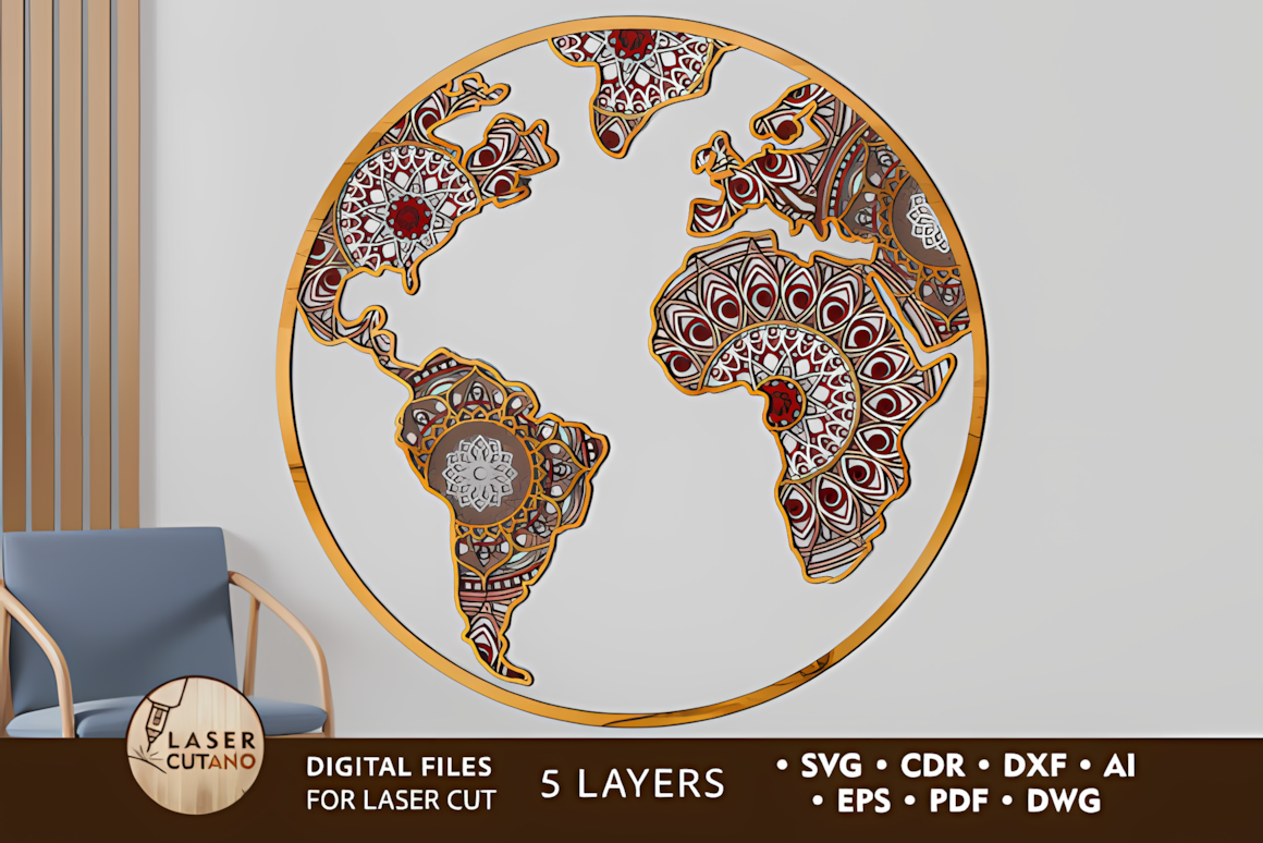 global earth mandala wall decor 3d layered laser cut template