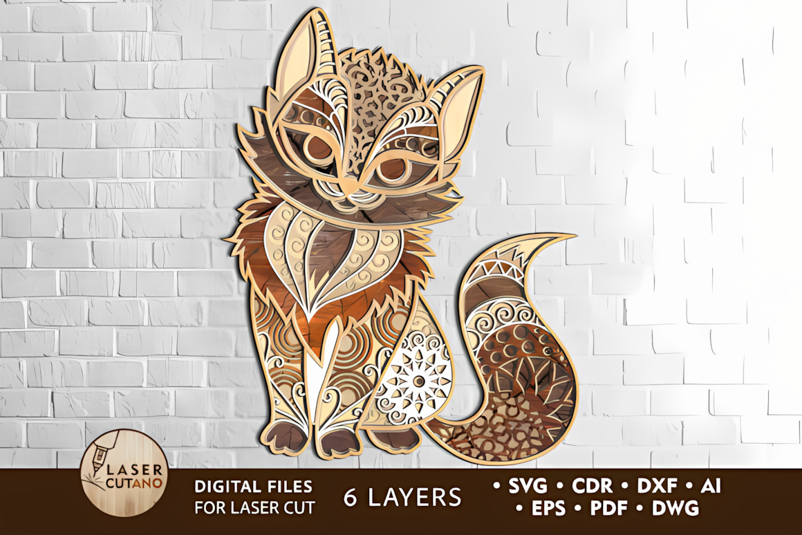 kitten mandala layered laser cut template with floral accents