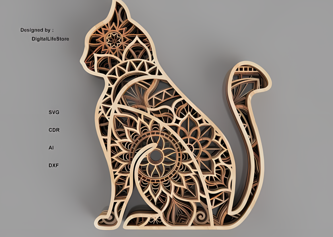 cute cat mandala silhouette 3d multi-layer laser cut file