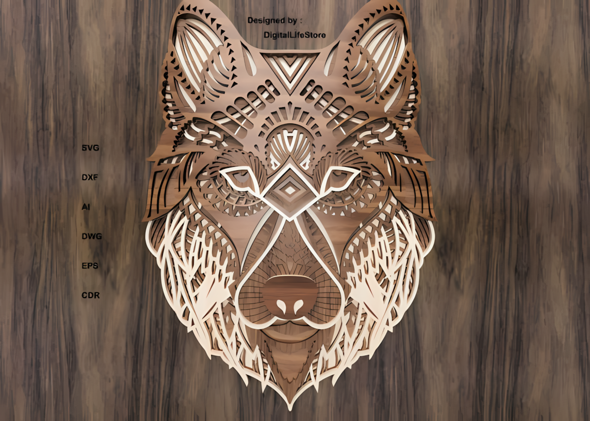 detailed geometric wolf head mandala 3d laser cut project