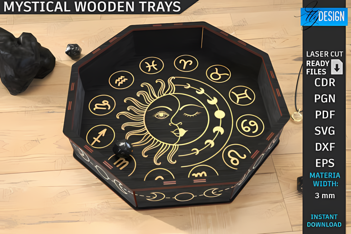 Celestial dice tray laser cut svg file with mystical symbol engraving for home decor