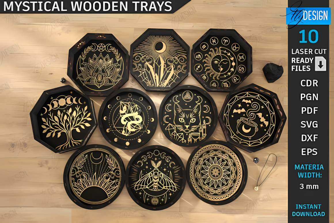Mystical wooden dice tray laser cut svg bundle with celestial symbol serving tray design