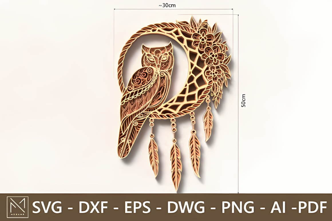 owl dreamcatcher 3d layered mandala wall decor laser file