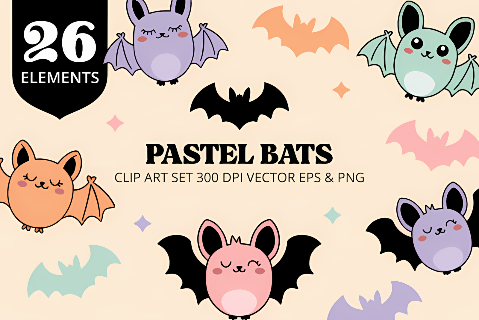 Cute halloween bat png set featuring pastel kawaii bat characters
