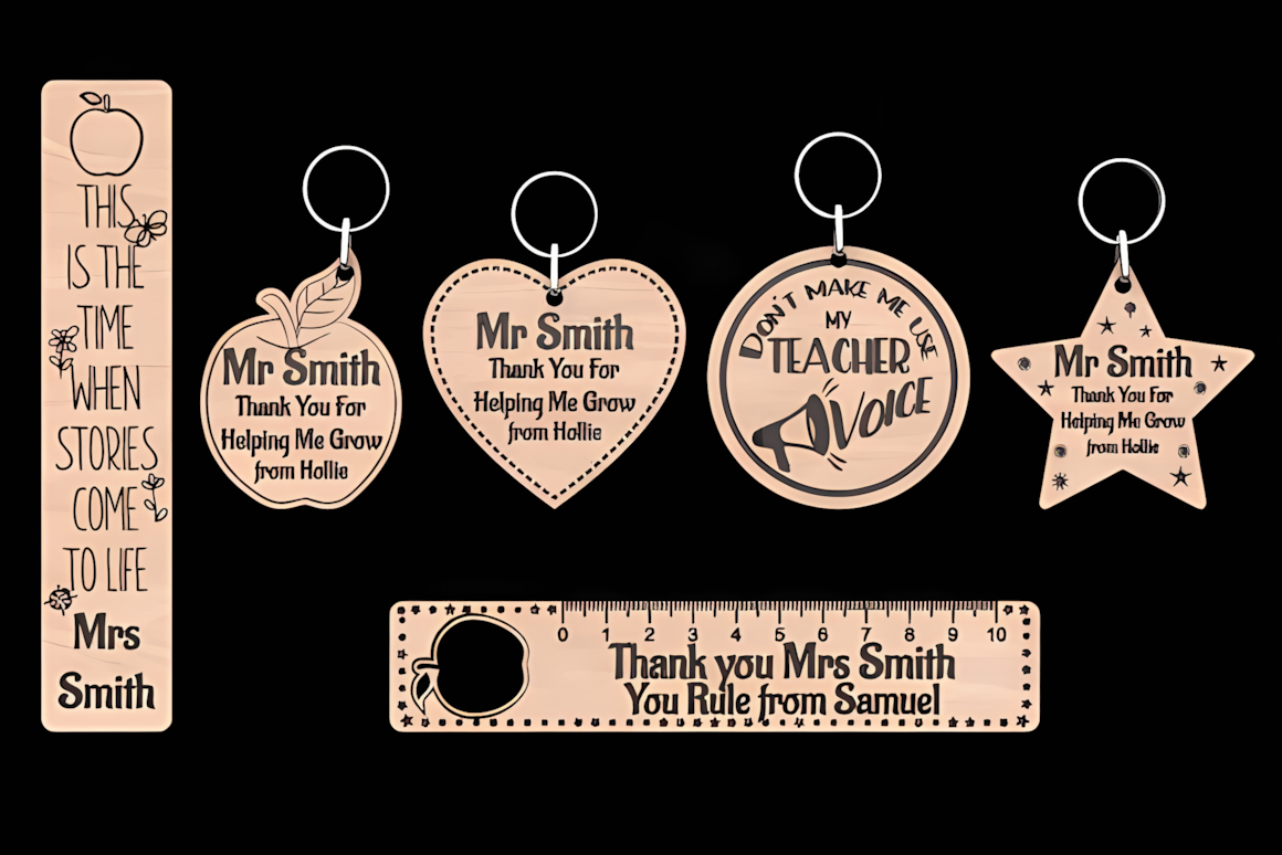 Personalized teacher keychain, ruler and bookmark laser cut SVG gift set with apple and heart shapes