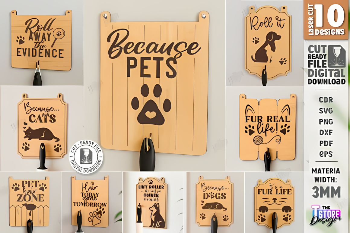 Pet hair roller holder wall sign with hooks, laser cut svg for dog leash storage