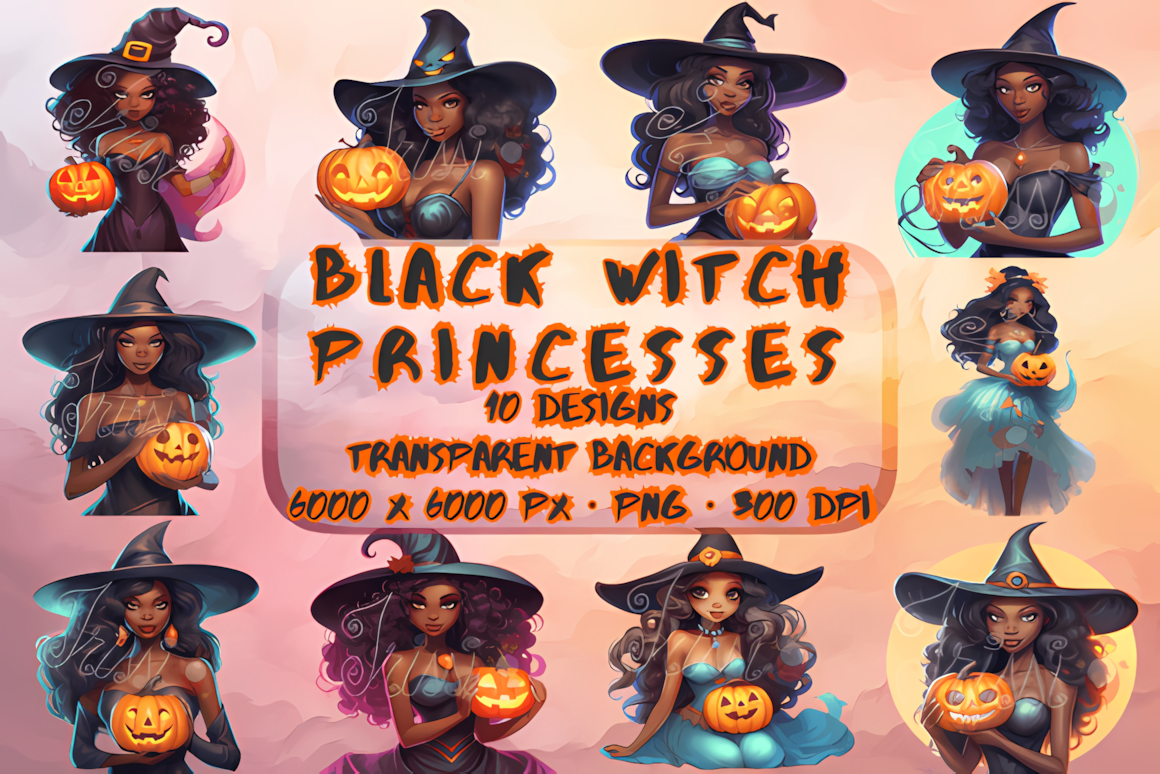 Black princess halloween witch clipart graphics with pumpkin lantern and magic crown elements