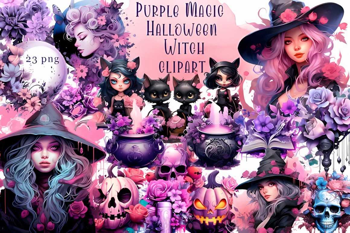 Purple magic watercolor halloween witch clipart bundle with flying broomstick and spell potion bottles