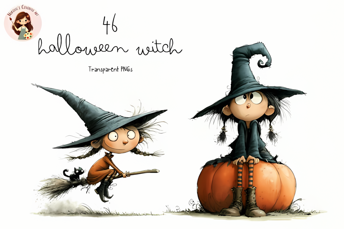 Whimsical quirky halloween witch png clipart set with pumpkins, ghosts, and flying broomsticks