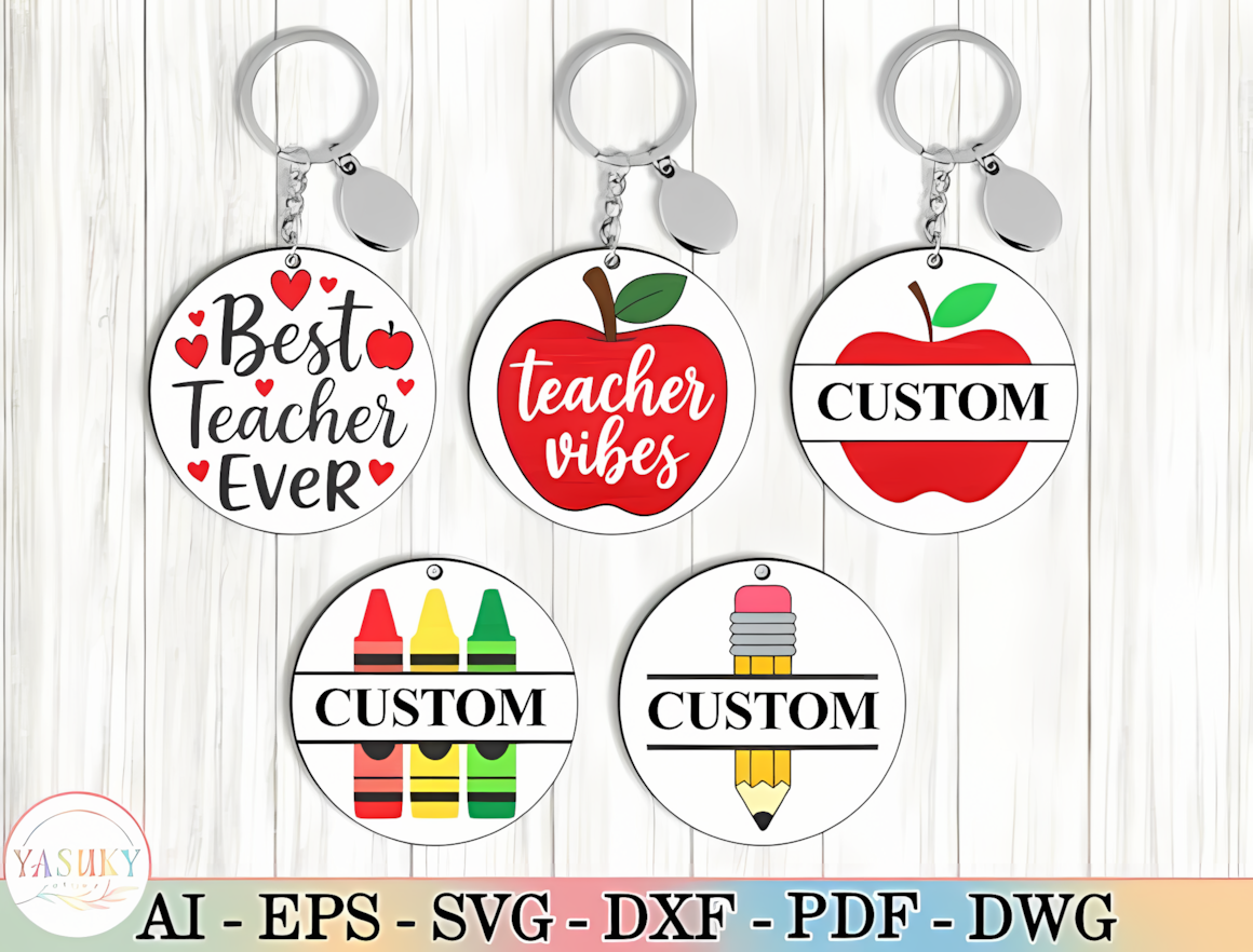 Round teacher keychain svg bundle with 5 custom designs including apple, crayon and pencil