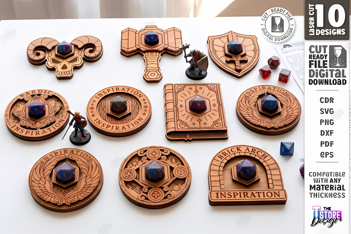 RPG bardic inspiration tokens laser cut svg set with dice holder pattern and dnd player tracker