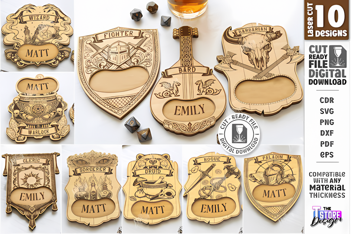 RPG dice coaster laser cut svg bundle with wizard, barbarian, bard and paladin engraved designs