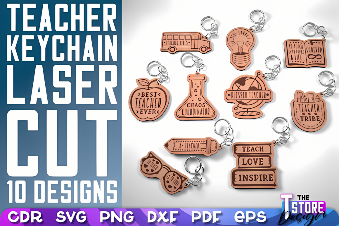 School-themed keychain laser cut SVG set with 10 classic school design files for engraving