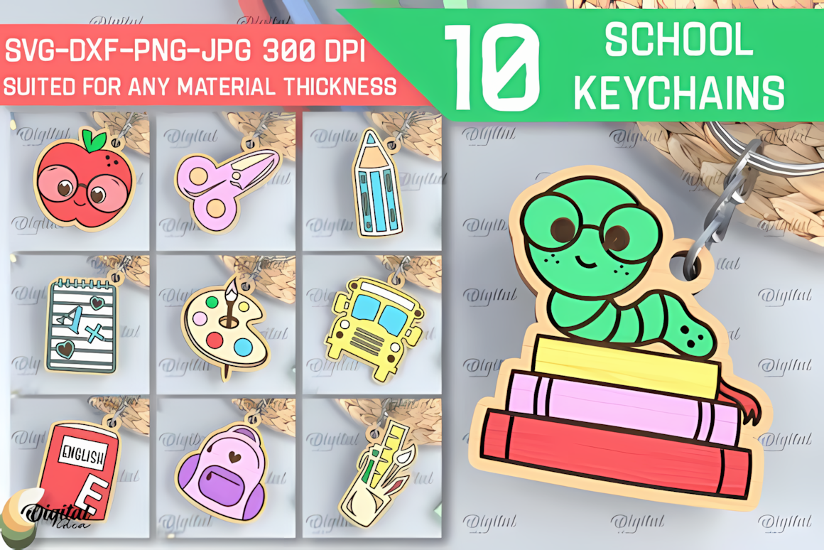 School wooden keychains laser cut bundle with 10 svg dxf design files for CNC and laser machines