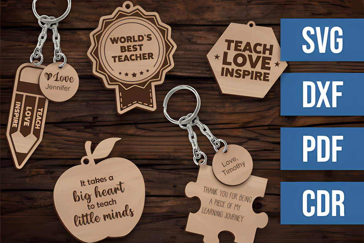 Set of 5 teacher keyrings laser cut file design for teacher's day gifts