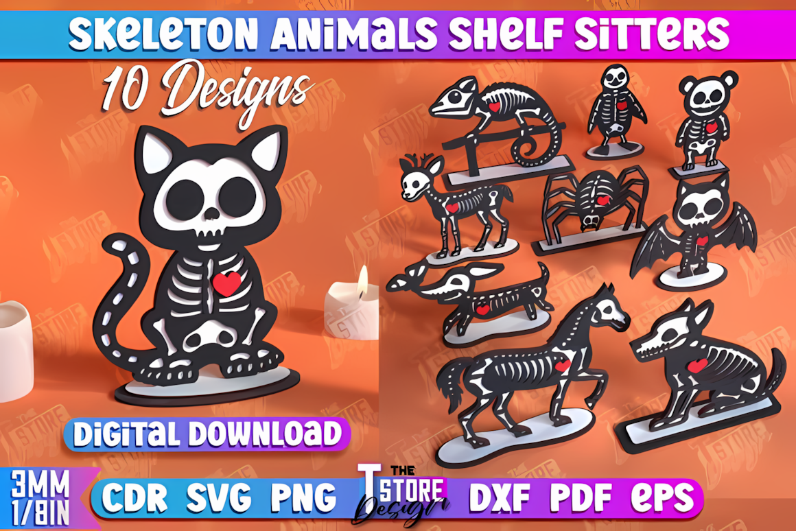 skeleton animals halloween shelf sitter laser cut