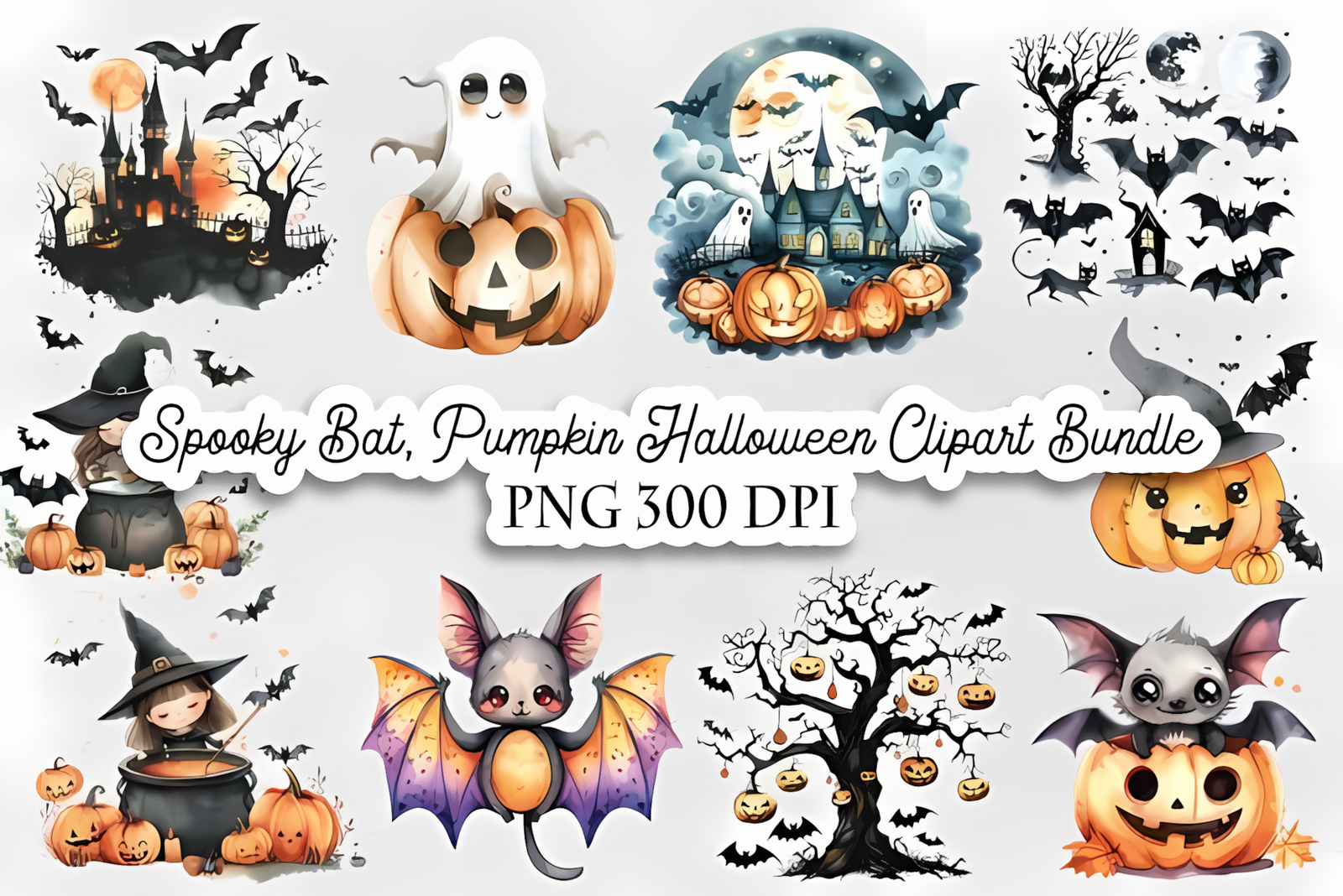 Halloween bat clipart composition with spooky carved pumpkin