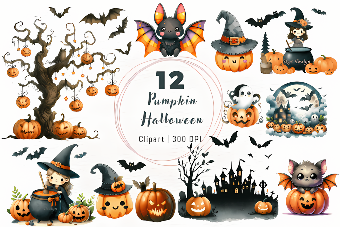 spooky bat and halloween pumpkin clipart illustration